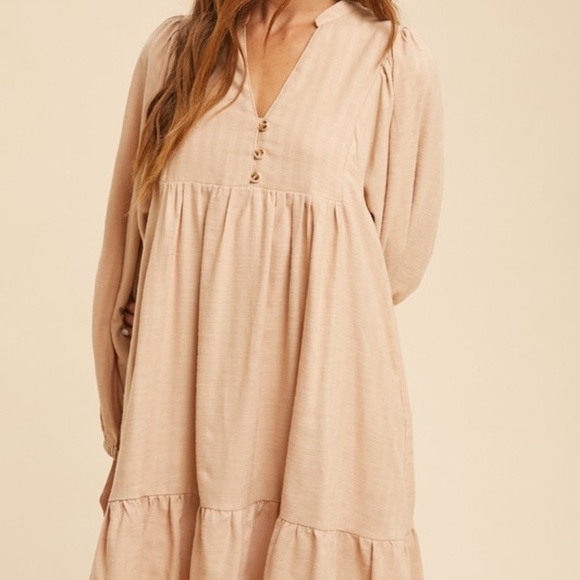 Brown Balloon Sleeve Dress Flowy Silhouette 100% Cotton Sizes S - L - Picture 2 of 4